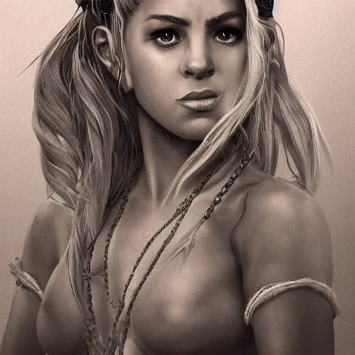 Image similar to full body portrait of shakira, thin but strong viking samurai woman, symmetrical beautiful face, relaxed pose, trending on artstation, high resolution, detailed, smooth, dynamic composition, dramatic lighting, trending on artstation, award winning art, sharp focus