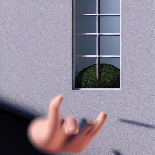 Image similar to 3 d rendered image of a human hand opening window, fresh air blender 3 d keyshot unreal engine