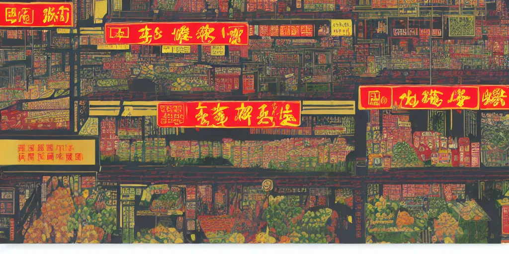 Prompt: a supermarket in hong kong, by dan mumford and peter doig and edward hopper, symmetrical, minimal, black ink, thick lines highly detailed, muted colours, overlaid with chinese adverts, 8 k