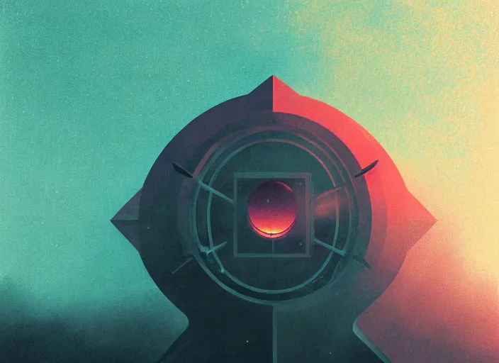 Image similar to exterior portrait of a space station, morning, sun, daybreak, colorful, modern art deco, mads berg, karolis strautniekas, christopher balaskas, stippled light, fog, moody, fine texture, editorial illustration, dramatic lighting, dynamic composition, detailed, matte print, dynamic perspective, muted color, sacred geometry