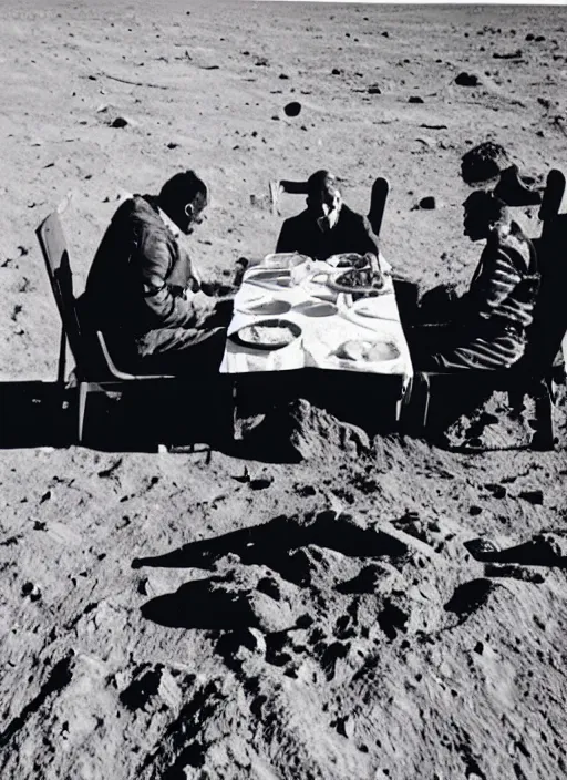 Prompt: old photo of a people dining on the surface of the moon