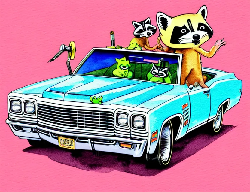 Prompt: cute and funny, racoon riding in a 1 9 6 9 chevy impala drop top with hydraulics, ratfink style by ed roth, centered award winning watercolor pen illustration, isometric illustration by chihiro iwasaki, edited by range murata, tiny details by artgerm and watercolor girl, symmetrically isometrically centered