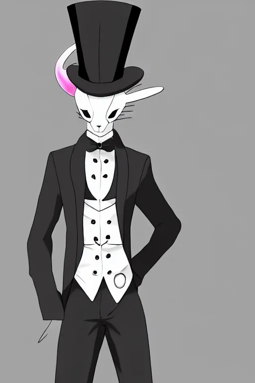 Prompt: anime guy wearing a top hat and suit, mewtwo, highly detailed, digital art, sharp focus, ambient glow, trending on art station, anime art style