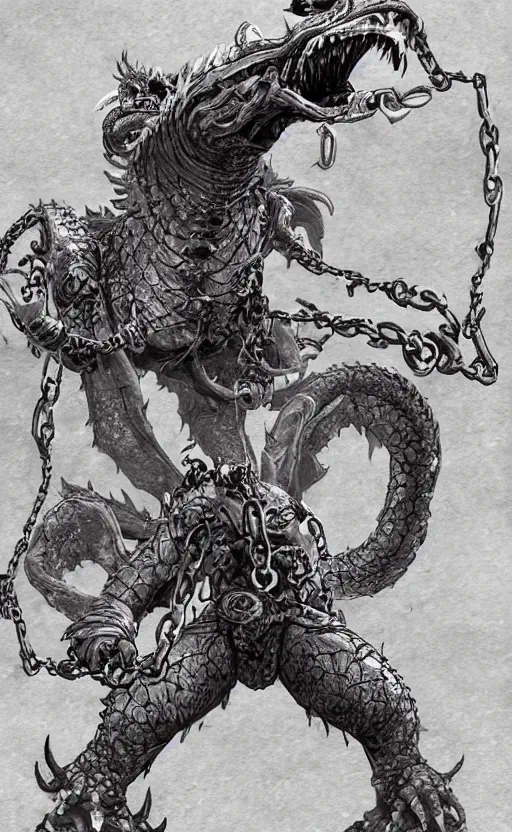 Prompt: bloated featherless large falcon-octopuss hybrid, dragon-like, large body, angry, chained up, chains, world of warcraft art style, wow cinematic cutscene, sand, desert ruins, lovecraftian, dnd, eldritchpunk, ink sketch by mark Harrison