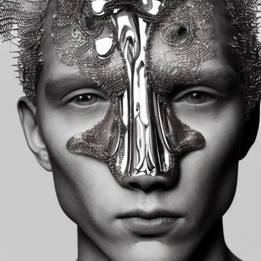 Image similar to a beautiful young male wearing iris van herpen, photographed by erwin olaf