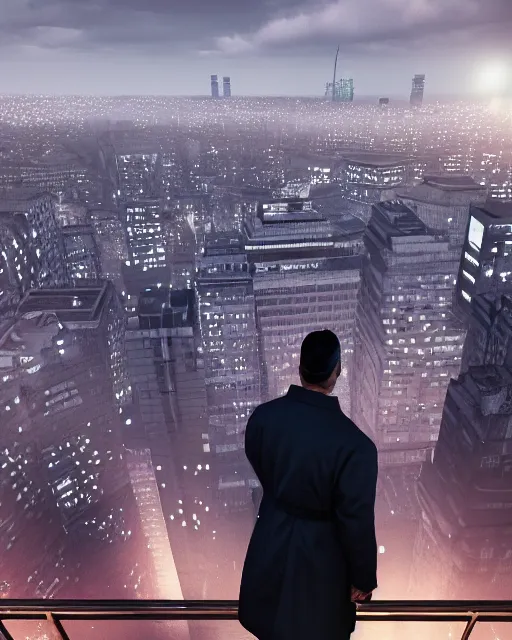 Prompt: a night rooftop scene, close up shot of a photorealistic gangster wearing a trench coat looking at the city below, unreal engine, hyper realism, realistic shading, ray tracing