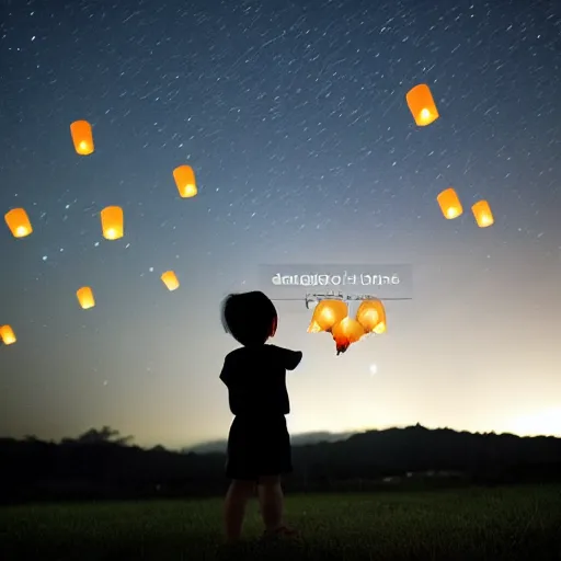 Image similar to a little girl watching hundreds of chinese sky lanterns in the night sky