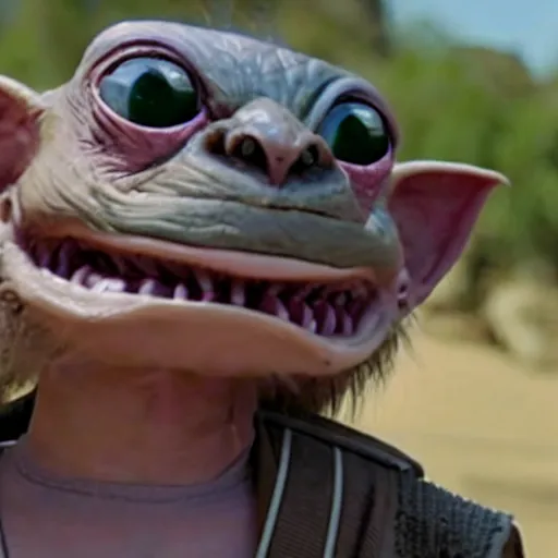 Image similar to a film still of gremlin grinning evily with a scar on its face in star wars realistic, detailed