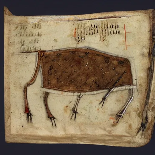 Image similar to a bad drawed cow mix of a seafish in a medieval manuscript, medieval manuscript, golden miniatures