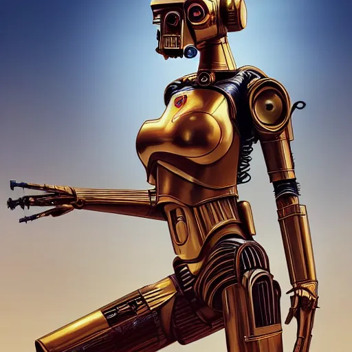 Prompt: portrait of Madison Ivy as C3PO Star Wars droid, looking at camera, intricate, dystopian, sci-fi, extremely detailed, octane render, digital painting, concept art, smooth, sharp focus, illustration, incredible art by artgerm and greg rutkowski and alphonse mucha and simon stalenhag