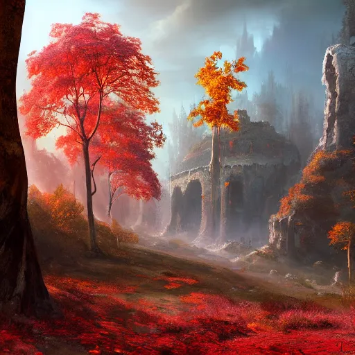 Image similar to red autumn forests with a single giant derelict copper warrior statue, fantasy concept art by tyler edlin, antoine blanchard, thomas cole