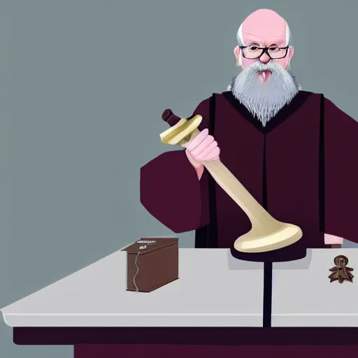 Image similar to a blad judge with bid white beard slams his gavel on the desk, illustration, realistic, 8 k, cinematic