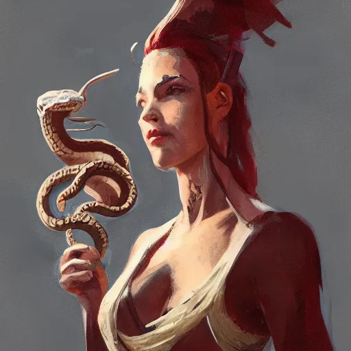 Image similar to a priestress with snake head, by greg rutkowski, in the style of magic the gathering