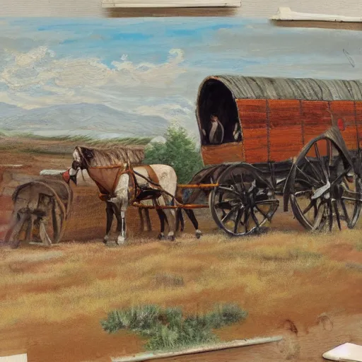 Image similar to old west oregon trail wagon train, painting, sketch