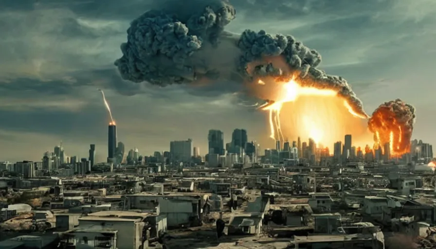 Image similar to big budget action movie about a nuclear explosion destroying a city