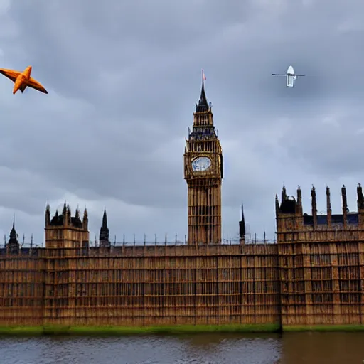 Image similar to Daffy Duck flying a UFO over the Houses of Parliament