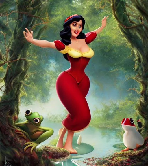 Image similar to Disney art of Salma Hayek as snow white in a forest on a frog pond, by artgerm, makoto sinkai, magali villeneuve, Gil Elvgren, Earl Moran,Enoch Bolles, symmetrical,