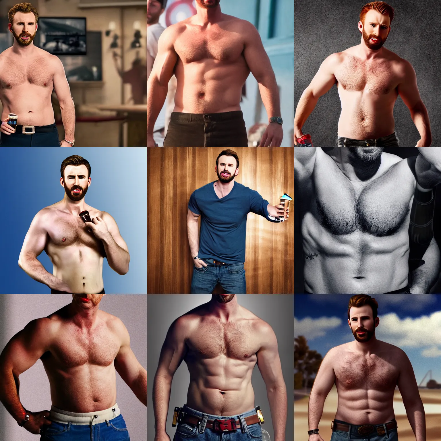 Prompt: Chris Evans with a beer belly, 8k hd realistic