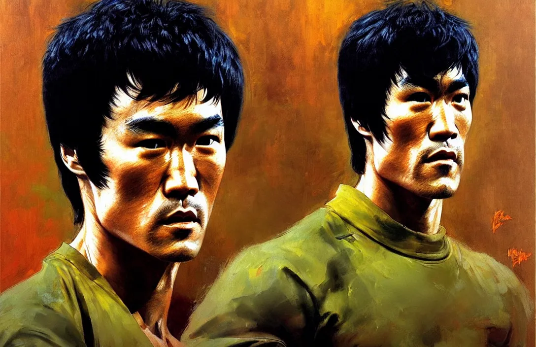 Prompt: portrait of bruce lee!!!!!!!!!!!!!!!!!!!!!!!!!!!, detailed face, detailed painting, epic lighting, by ilya repin, phil hale and kent williams