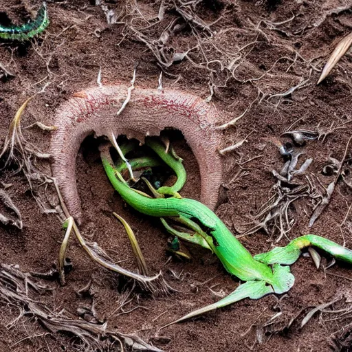 Image similar to a carnivorous plant with alligator jaw and teeth, photo of a plant growing showing its roots underground, plant photography