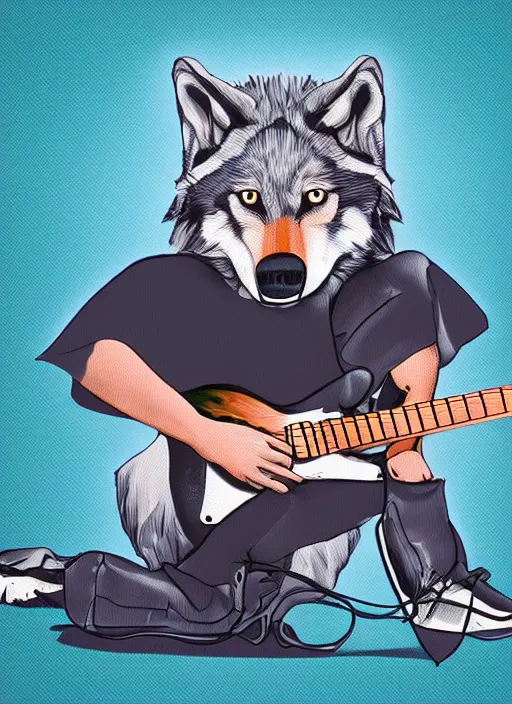 Image similar to digital art of a wolf playing an electric guitar while stepping on the amplifier with one foot.