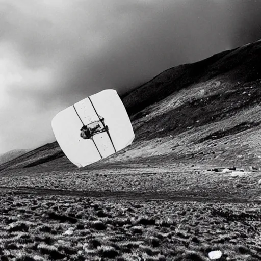 Image similar to photo of a ufo crashed into a mountain, black and white photo