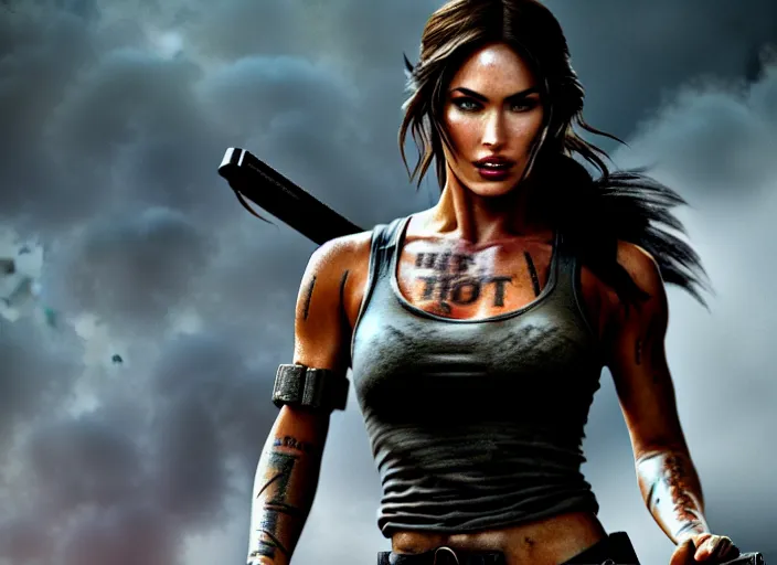 Image similar to film still of megan fox as lara croft in new tomb raider movie, 8 k