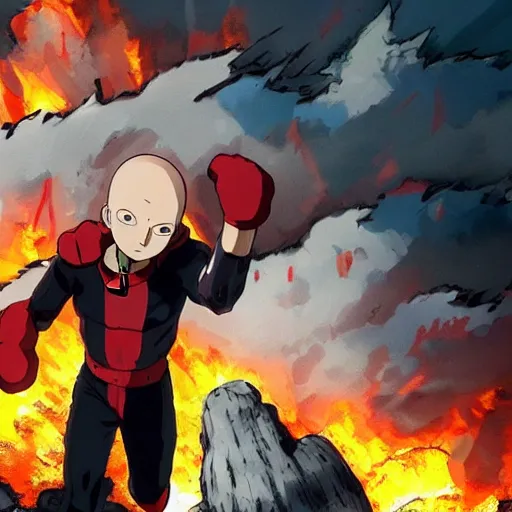 Prompt: a photo of a house burning down in the background and one punch man with an eerie expression in the foreground, strong depth of field