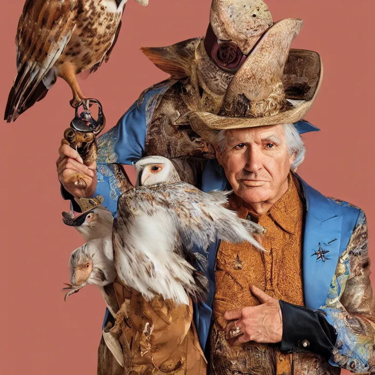 Image similar to high fashion photoshoot octane render portrait by wayne barlow and carlo crivelli and glenn fabry, a distinguished old cowboy wearing a colorful wes anderson designed cowboy costume and holding a barn owl inside a high - end exotic colorful pastel vintage boutique hotel lounge, very short depth of field, bokeh