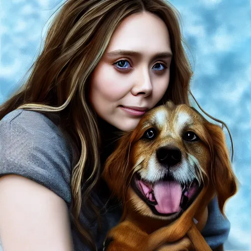 Image similar to Elizabeth Olsen holding a dog in her hands, photorealistic, 4k, 8k, trending on artstation