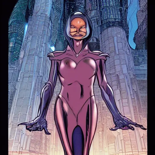 Prompt: Tall beautiful female witch with dark hair, futuristic, alien cityscape, symmetrical features, full body, face visible, graphic novel, colourful, 2D matte, art by Frank Quitely and Moebius,