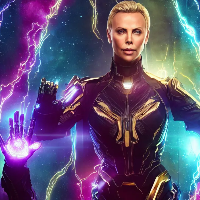 Image similar to portrait of ((Charlize Theron)), wearing The Infinity GAUNTLET. thanos, infinity gauntlet. intricate artwork. octane render, trending on artstation, very coherent symmetrical artwork. avengers. thanos. cinematic, hyper realism, high detail, octane render, 8k, iridescent accents