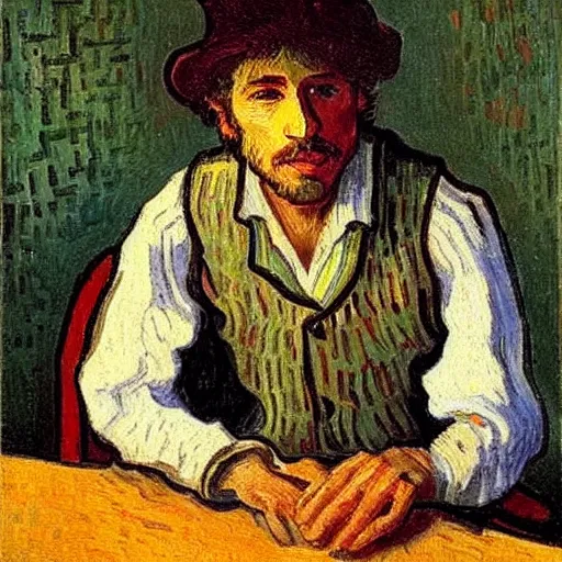 Image similar to detailed portrait of 1890s french bob dylan at his dining table painted by vincent van gogh