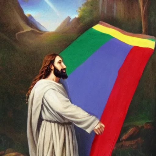 Prompt: realistic old painting of jesus christ moving a rainbow flag