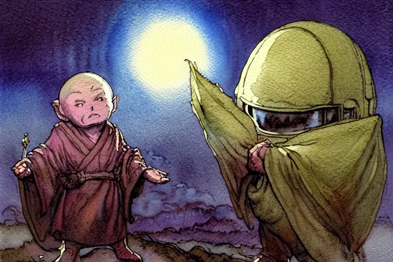 Prompt: a realistic and atmospheric watercolour fantasy character concept art portrait of a short fat chibi alien wearing robes emerging from the mist on the moors of ireland at night. a ufo is in the sky. by rebecca guay, michael kaluta, charles vess and jean moebius giraud