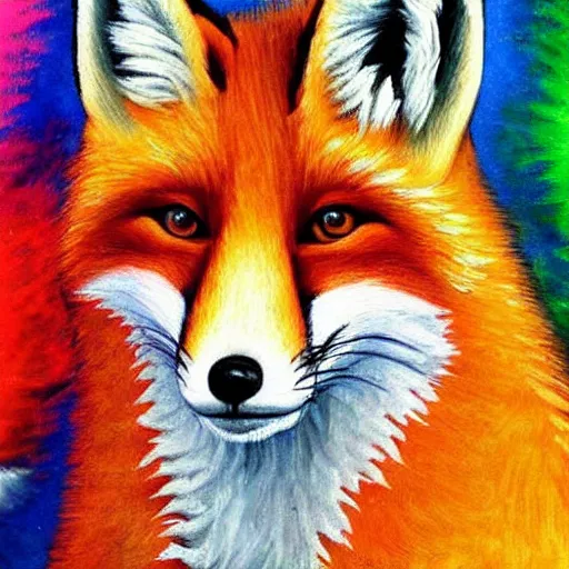 Image similar to retarded fox painting, vivid colors