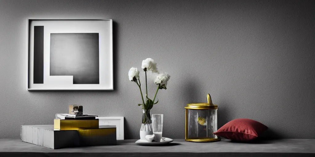 Image similar to interior design photograph of a framed oil painting in a contemporary space against a dark gray wall, realistic dramatic studio photography lighting hdr