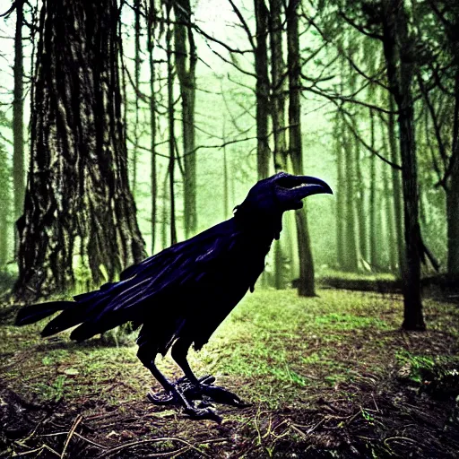 Image similar to werecreature consisting of a human and crow, photograph captured in a forest