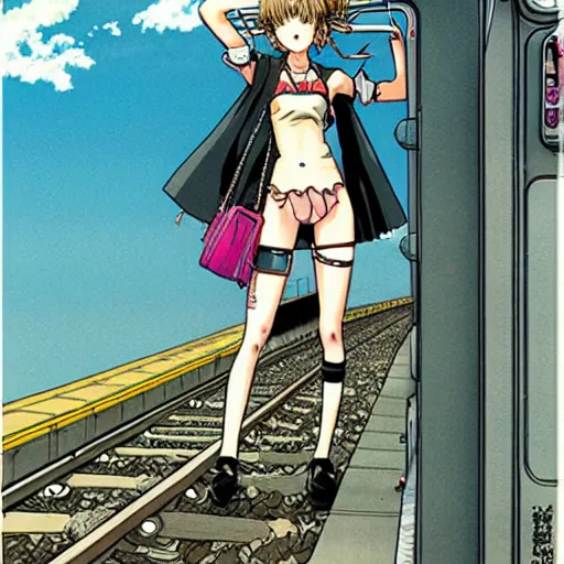 Prompt: Anime Summer girl on train station by Katsuya Terada