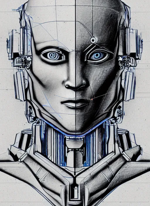 Prompt: cyborg, pretty, blueprint drawing, leonardo da vinci style, 8 k, high detail