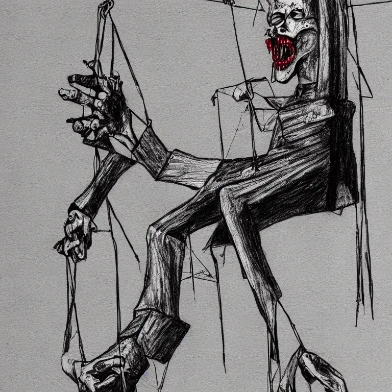 Image similar to a marionette puppet hanging limp with blood running from his eyes, 2 d sketch in pen, highly detailed, horror themed, stark light and shadows