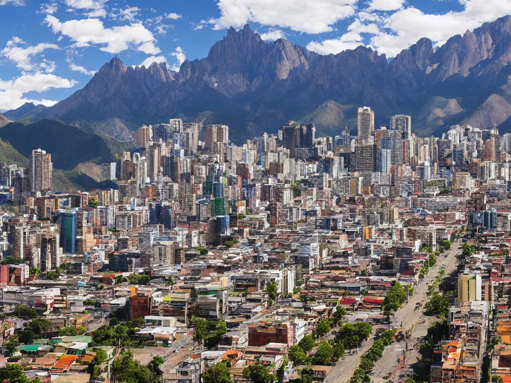 Image similar to south american city market street with tall buildings in a valley with rocky mountains