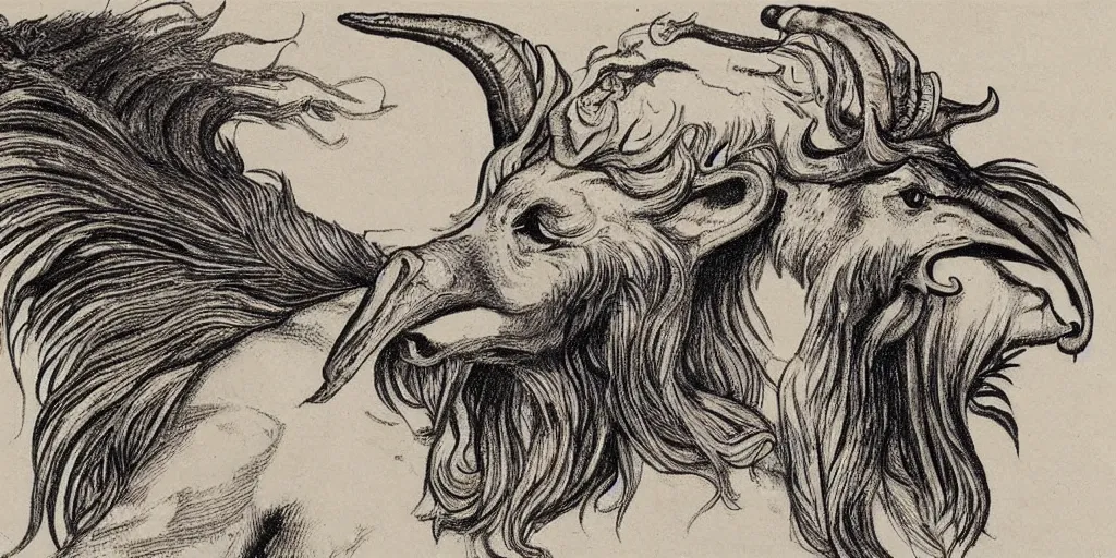 Image similar to human / eagle / lion / ox hybrid. horns, beak, mane, human body. drawn by da vinci