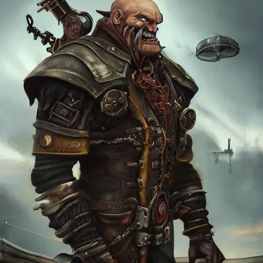 Image similar to portrait of a muscular, grim, bald orc mechanic, wearing a heavy brown leather coat, wielding a wrench, steampunk setting, gears, airship on the background, dramatic lighting, high detail, digital art by Rossdraws