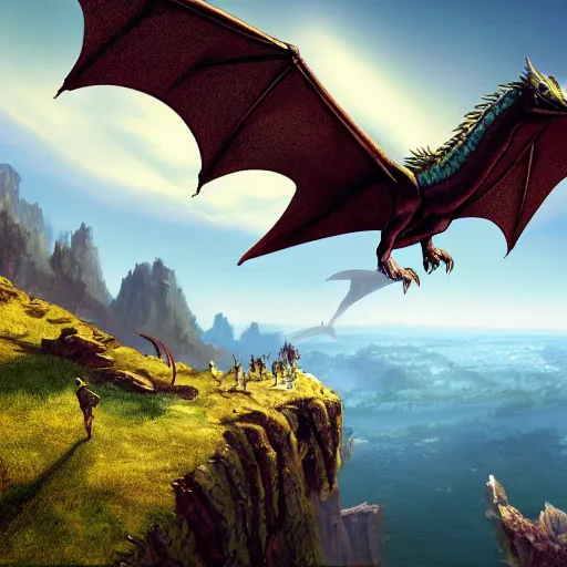 Prompt: a large pterodactl dragon hybrid sitting on a cliff high on a mountain. dark color, ultra wide angle, panoramic, fish eye, colorfull painting, centered, front, horizon, outline, detailed, art by stephan martiniere, 4 k resolution