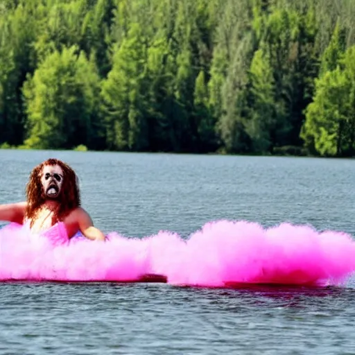 Image similar to ( putin as old gregg ) wearing a pink tutu, on a boat on a lake