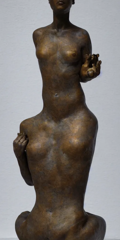 Prompt: photorealism full shot portrait of old bronze patina statue of most famous woman, full body portrait, bending poses, intricate, bokeh, detail, museum
