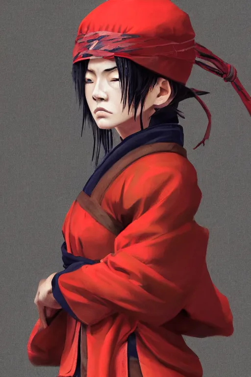 Prompt: native japanese woman dressed like shinobi ninja, rich drapery, hat, focused stare, partially masked, highly detailed, photobash, photorealistic render, trending on artstation, character design, red background, cinematic lighting, sengoku period