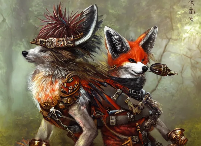 Prompt: ashigaru steampunk - inspired feathered fox, colorful plumage, lacquered armor, cute but determined, hard focus, art station, by jessica rossier and brian froud, cinematic fantasy painting, orange grey white, in a woodland glade