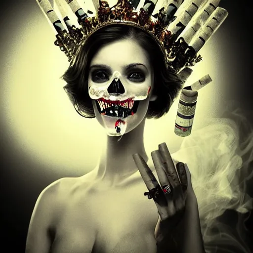 Prompt: full body potrait of a woman. woman is wearing a crown made of cigarettes. Woman is wearing a skull mask. Smoke effects forms question mark. Digital painting. Art station. Mood lighting. - h 1200